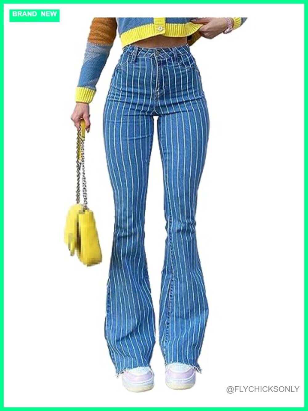 High Waisted Striped Bell Bottom Jeans Stretchy Wide Leg Flared Denim